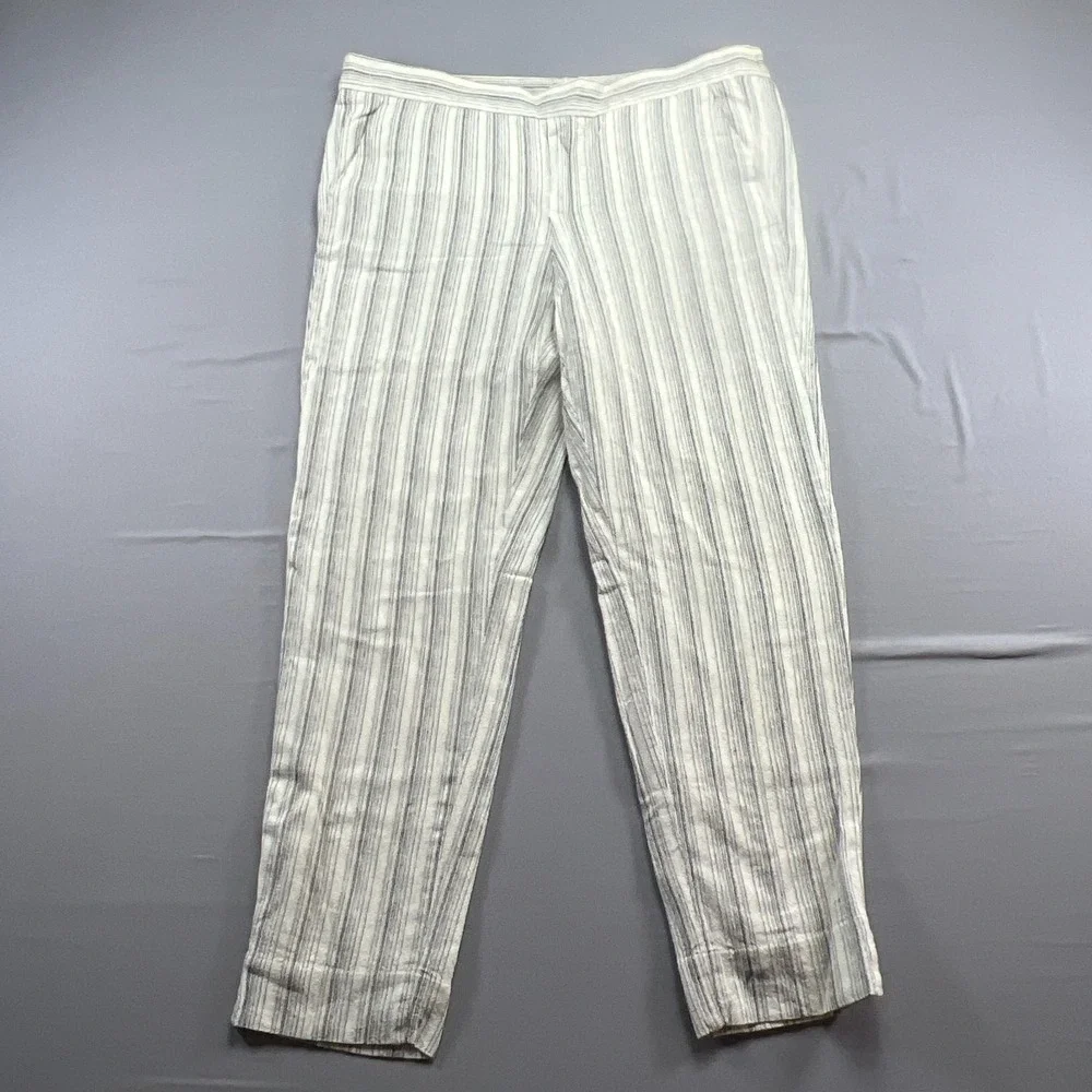 Banana Republic Hayden Pants Women 6 White Gray Striped Linen Slit Elastic Waist